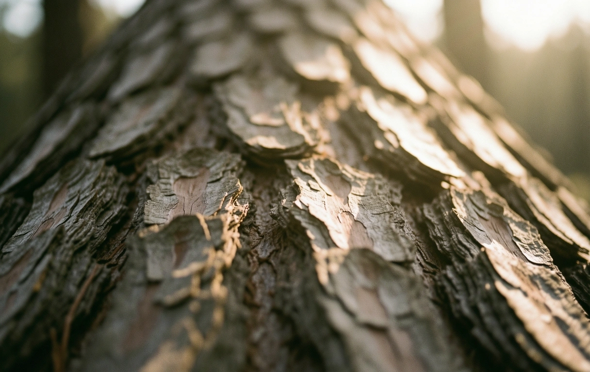 Textura scoarței de pin în lumina dimineții